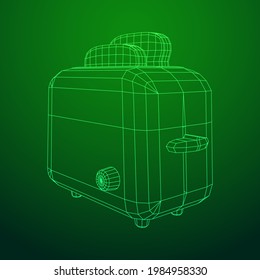 Toaster with two fried pieces of loaf prepared for a breakfast. Wireframe low poly mesh vector illustration.