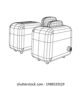 Toaster with two fried pieces of loaf prepared for a breakfast. Wireframe low poly mesh vector illustration.
