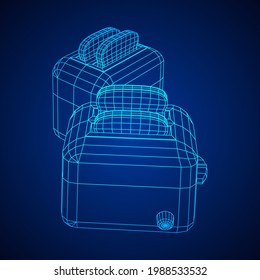 Toaster with two fried pieces of loaf prepared for a breakfast. Wireframe low poly mesh vector illustration.