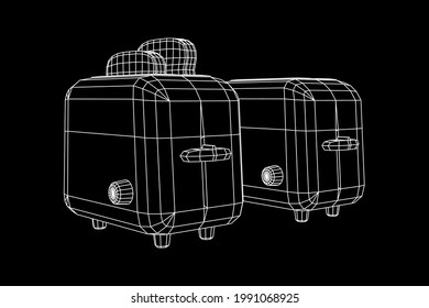 Toaster with two fried pieces of loaf prepared for a breakfast. Wireframe low poly mesh vector illustration.