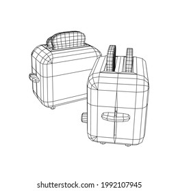 Toaster with two fried pieces of loaf prepared for a breakfast. Wireframe low poly mesh vector illustration.