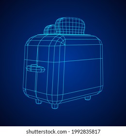 Toaster with two fried pieces of loaf prepared for a breakfast. Wireframe low poly mesh vector illustration.