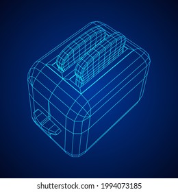 Toaster with two fried pieces of loaf prepared for a breakfast. Wireframe low poly mesh vector illustration.