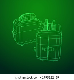 Toaster with two fried pieces of loaf prepared for a breakfast. Wireframe low poly mesh vector illustration.