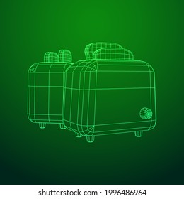 Toaster with two fried pieces of loaf prepared for a breakfast. Wireframe low poly mesh vector illustration.