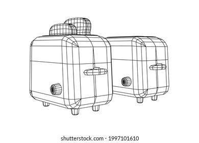 Toaster with two fried pieces of loaf prepared for a breakfast. Wireframe low poly mesh vector illustration.