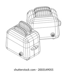 Toaster with two fried pieces of loaf prepared for a breakfast. Wireframe low poly mesh vector illustration.