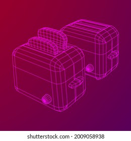 Toaster with two fried pieces of loaf prepared for a breakfast. Wireframe low poly mesh vector illustration.