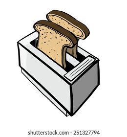 Toaster and two pieces of bread. A children's sketch. Color image.