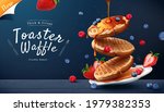 Toaster waffle ad on blue wooden table background in 3d illustration. Maple syrup pouring on thick and crispy waffles with berry fruits