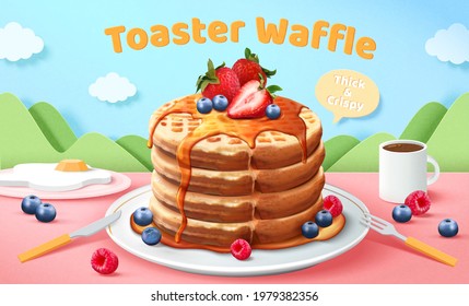 Toaster waffle ads in 3d illustration. Honey drips down thick and crispy waffles with berry fruits on the plate. The lively paper cutting art landscape in the background