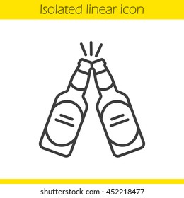 Toasting Beer Bottles Linear Icon. Cheers. Thin Line Illustration. Two Beer Bottles Contour Symbol. Pub And Bar Sign. Vector Isolated Outline Drawing