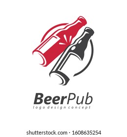 Toasting beer bottles logo design idea for friendly pub or cafe bar. Cheers icon template. Beer cheering and clanging vector round black and red symbol graphic.