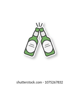 Toasting beer bottles patch. Cheers. Two beer bottles. Color sticker. Vector isolated illustration