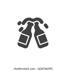 Toasting beer bottles vector icon. filled flat sign for mobile concept and web design. Two beer bottles cheers glyph icon. Symbol, logo illustration. Vector graphics