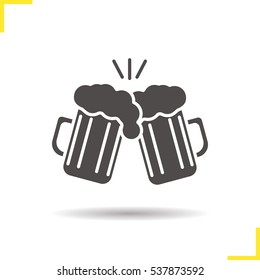 Toasting Beer Glasses Icon. Drop Shadow Cheers Silhouette Symbol. Two Foamy Beer Glasses. Negative Space. Vector Isolated Illustration