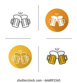 Toasting beer glasses icon. Flat design, linear and color styles. Two foamy beer glasses. Cheers isolated vector illustrations