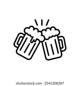 Toasting beer glasses linear icon. Cheers. Thin line illustration. Two foamy beer glasses. Contour symbol. Vector isolated outline