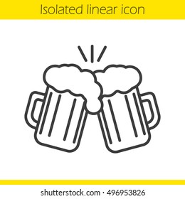 Toasting beer glasses linear icon. Cheers. Thin line illustration. Two foamy beer glasses. Contour symbol. Vector isolated outline drawing