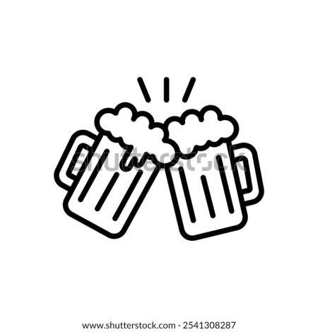 Toasting beer glasses linear icon. Cheers. Thin line illustration. Two foamy beer glasses. Contour symbol. Vector isolated outline