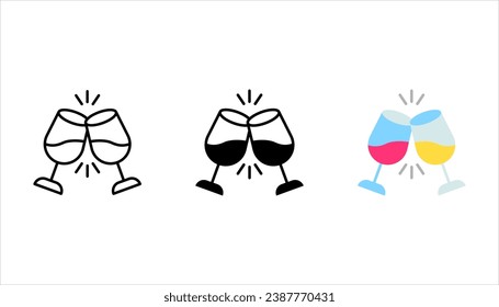 Toasting beer glasses linear icons set. Cheers. Two foamy beer glasses. vector illustration on white background