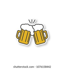 Toasting beer glasses patch. Cheers. Two foamy beer glasses. Color sticker. Vector isolated illustration