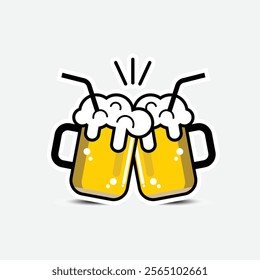 Toasting beer glasses patch. Cheers. Two foamy beer glasses. Color sticker. Vector isolated illustration