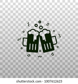 Toasting beer mugs - black silhouette, icon on isolated transparent background. Two glasses of ale or alcohol drinks sign, symbol, pictogram, emblem, logo.