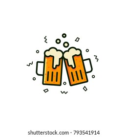 Toasting beer mugs - flat color line icon on isolated background. Two glasses of ale 0 sign, symbol, pictogram, emblem, logo in colorful linear design.