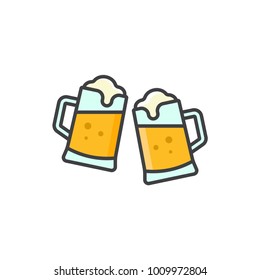 Toasting beer mugs flat line colored icon.