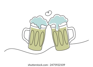 toasting with beer at a pub, doodle continuous line art vector illustration