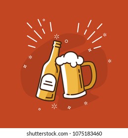 Toasting with bottle and mug of light beer. Orange background with stars and fireworks.
Vector illustration in flat style.