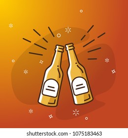 Toasting with bottles of light beer. Orange background with stars and fireworks.
Vector illustration in flat style.