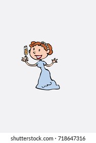 Toasting bride, happy. Vector isolated character.
