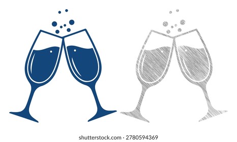 Toasting champagne flute glasses with bubbles, flat blue and pencil sketch style icon set.