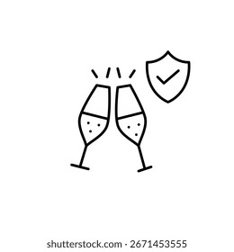 Toasting with champagne flutes, shield and checkmark. Certified events and catering. Pixel perfect, editable stroke vector icon