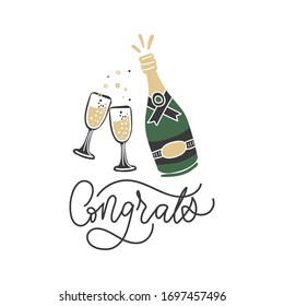 Toasting champagne glasses with congrats lettering vector illustration. Hand written greeting card flat style design. Festive event and cheers. Celebration concept