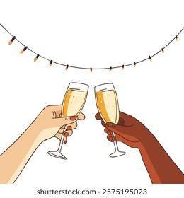 Toasting Champagne Glasses Under String Lights Celebration