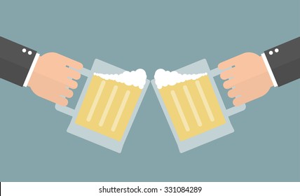 Toasting or clinking with beer concept. Hands holding glass of beer. Flat style