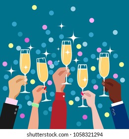 Toasting event. Toasting congratulations hands with champagne glasses fun decorative celebration party background vector illustration