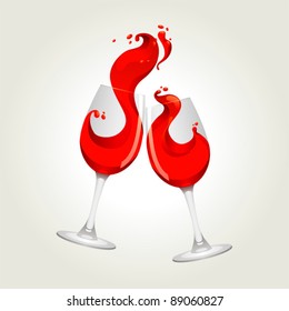Toasting gesture two red wine glasses with big splash