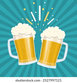 Toasting glasses of beer. Beer party mugs of beer. vector illustration in flat style