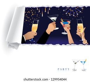 Toasting Hands with Fireworks Background. EPS 8 vector, grouped for easy editing. No open shapes or paths.