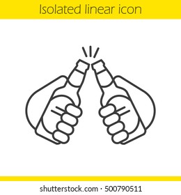 Toasting linear icon. Thin line illustration. Hands holding beer bottles. Cheers contour symbol. Vector isolated outline drawing