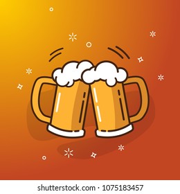 Toasting with two mug of light beer. Orange background with stars and fireworks.
Vector illustration in flat style.