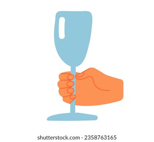 Toasting wine glass. Human hand holding glass isolated on white background. Simple doodle design element Festive congratulations. Flat vector Celebration illustration. Alcohol drink
