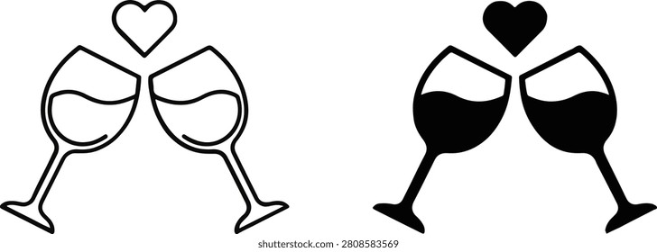 Toasting wine glasses with heart icon for romantic celebration anniversary valentines relationship beverage valentinesday
