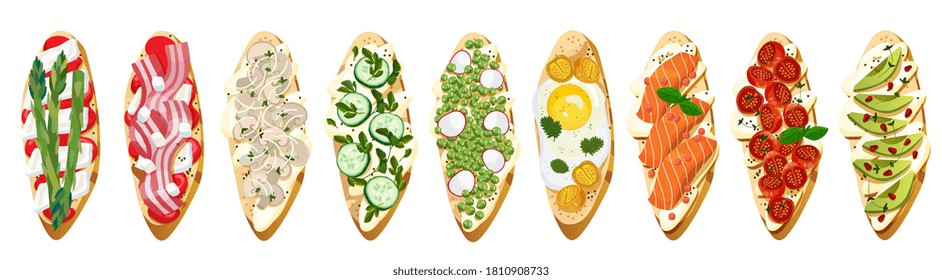 Toasts baguette bruschetta set with different toppings. Vegetarian toasts - avocado, cucumber, tomato, mushrooms, asparagus and other with cheese, salmon, bacon, egg. Crostini good for keto diet snack