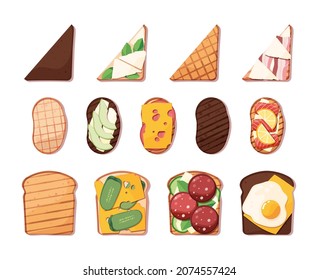 Toasts. Bakery snacks for breakfast delicious sliced fresh bread garish vector flat illustrations