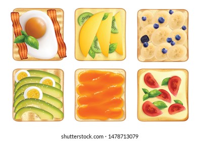 Toasts bread breakfast realistic set with sandwiches and fruits berries and egg toppings on blank background vector illustration